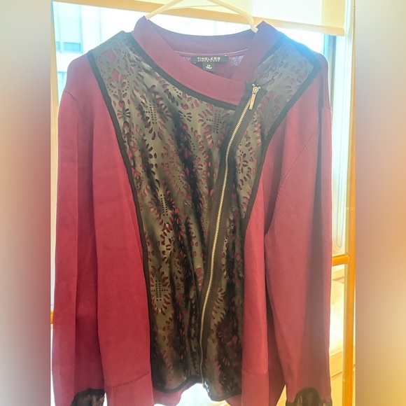 Naeem Khan 1X heavy warm maroon sweater/moto jacket w/ cutout faux leather - Picture 2 of 12